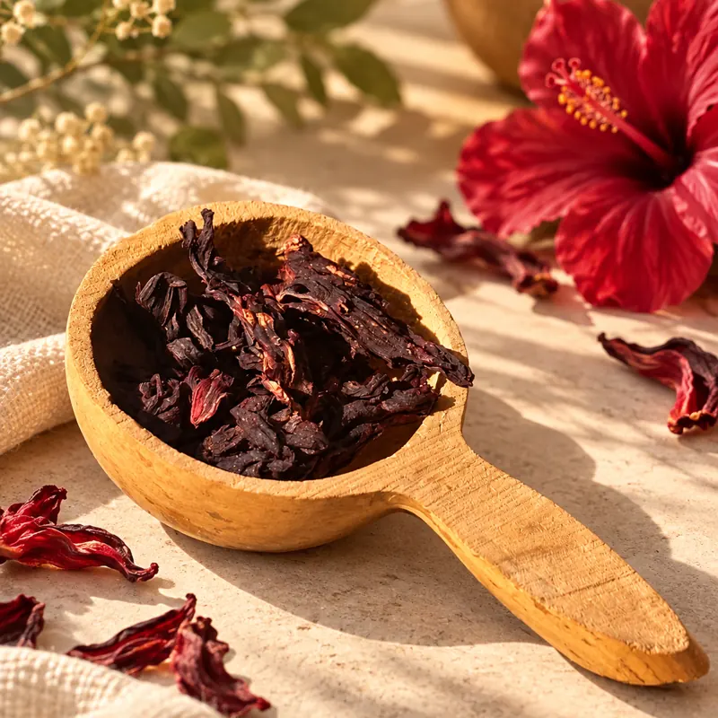 Fleurs d'hibiscus rouge séchées dans une cuillère en bois