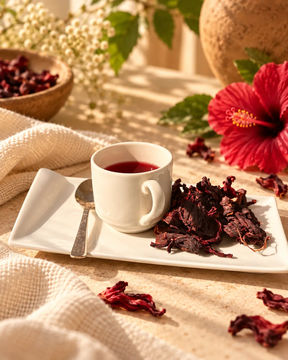 Tasse d'infusion d'hibiscus rouge et fleurs séchées