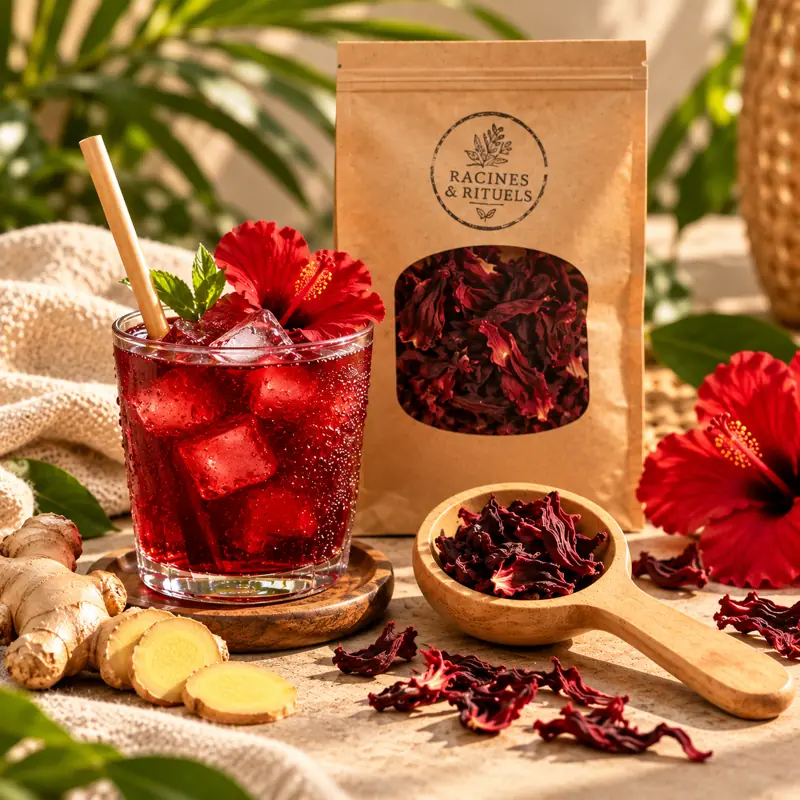 Verre de bissap au gingembre, racine de gingembre tranchée et sachet de fleurs d'hibiscus rouge Racines & Rituels