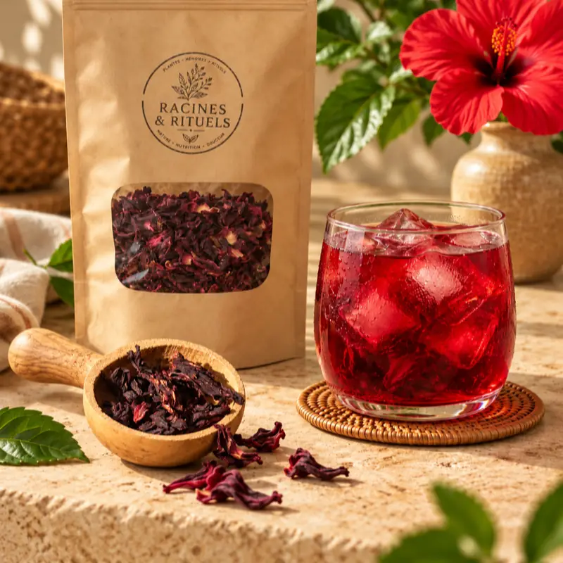Verre de bissap glacé à côté du sachet de fleurs d'hibiscus rouge Racines & Rituels