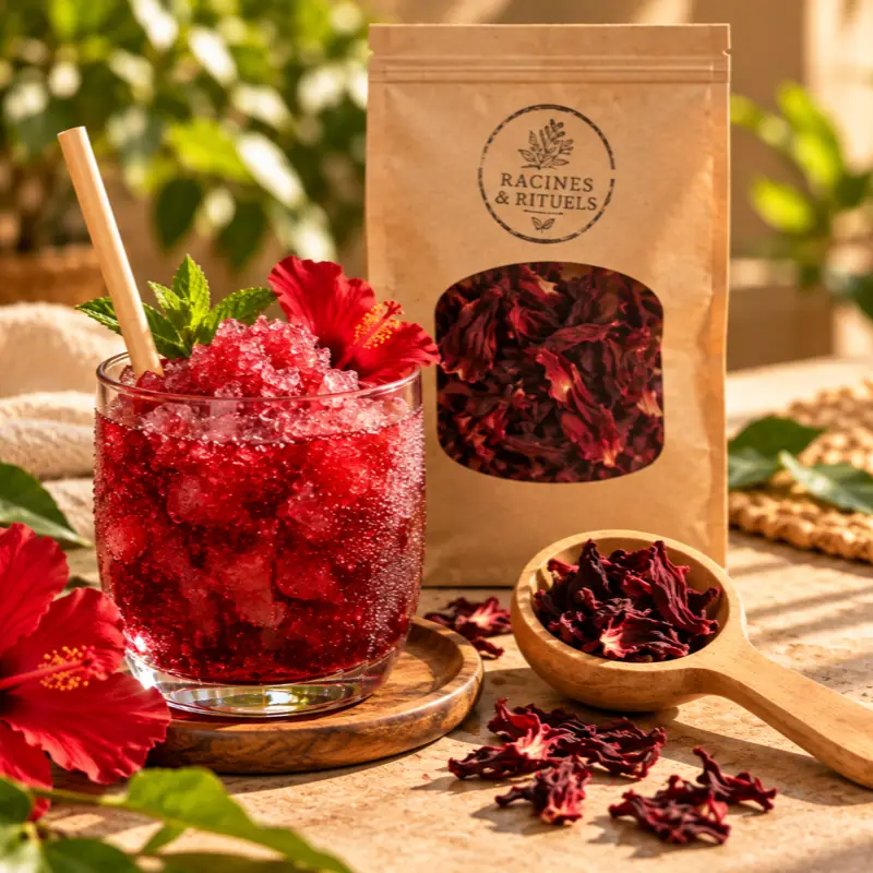 Verre de granité de bissap avec une paille et de la menthe, à côté du sachet de fleurs d'hibiscus rouge Racines & Rituels