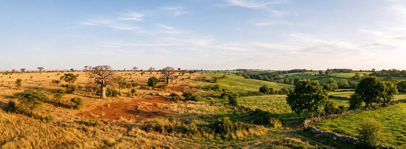 Paysage mêlant une savane sénégalaise et une campagne française